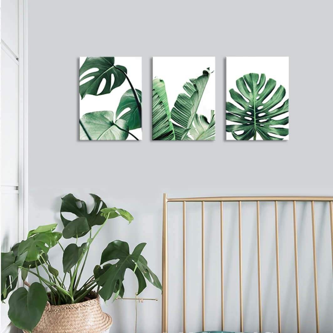 Canvas Wall Art Green Leaf Monstera Plant 3-Piece Framed Set Contemporary Watercolor Ready-to-Hang Home & Office Decor China
