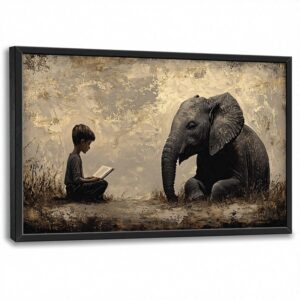 Large Elephant and Boy Reading Modern Wall Art Animal Painting Framed 36x24 Inches China